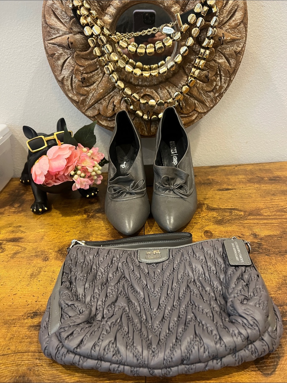 Audrey Brooke Gray Leather Heel Size 7.5 + Coach Gray Quilted Wristlet Bundle